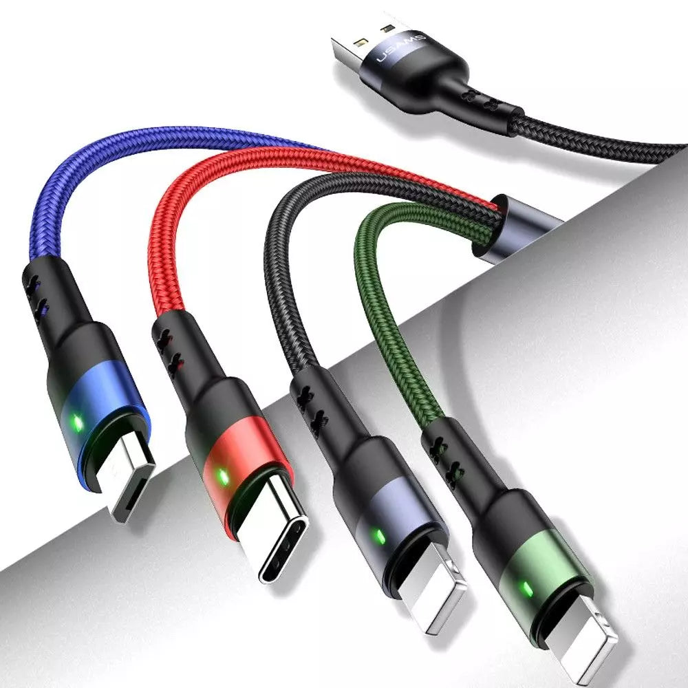 Câble Tressé 4-en-1 USAMS U26 1,2 m – 2x Lightning, Micro USB, USB-C – Charge Rapide 2A